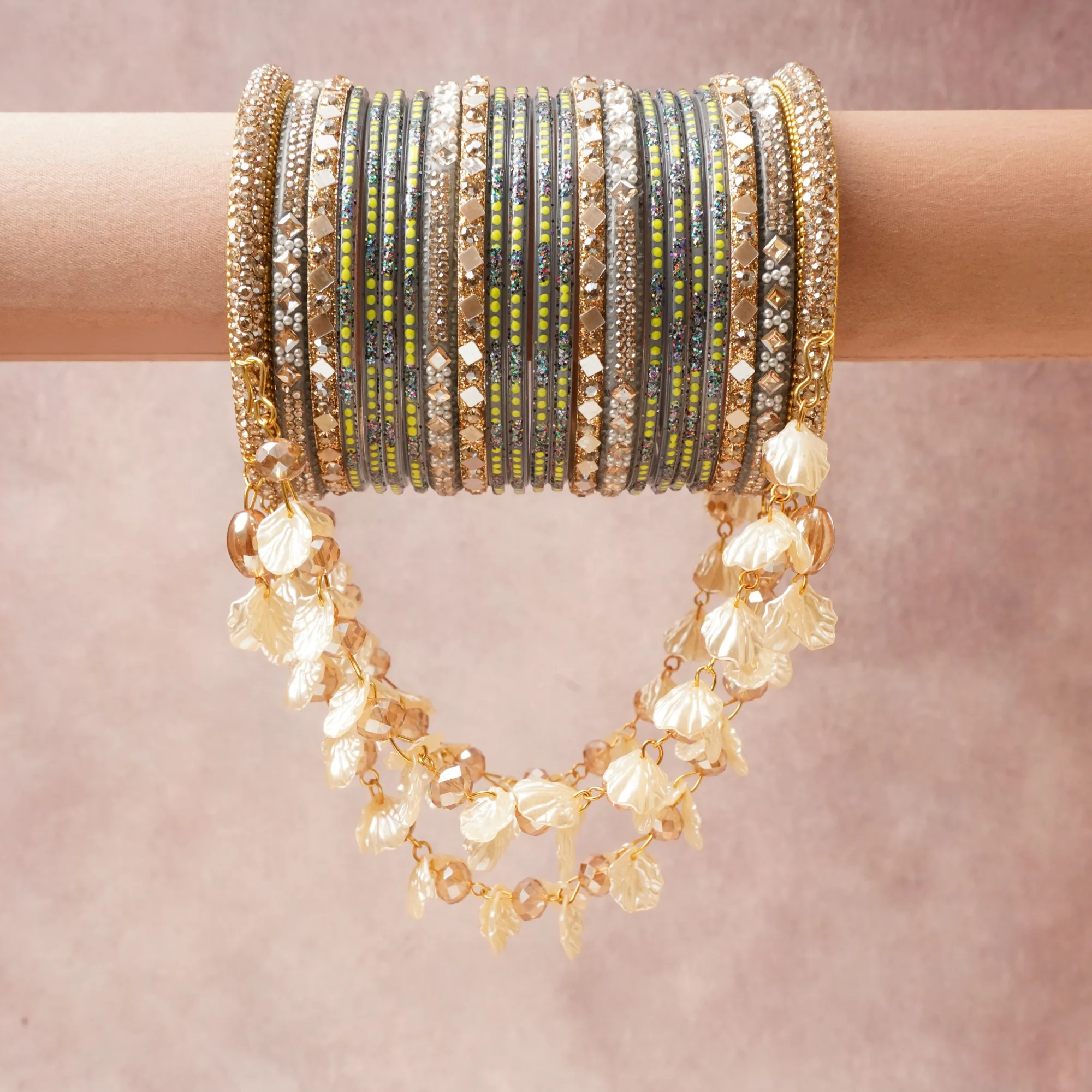 A commanding Slate Gray anchors this beautiful set, enriched with accents of Silver, Champagne, Chartreuse, Iridescent Glitter that add depth and dimension.

Featuring a striking composition of Metal Alloy, Rhinestones, Acrylic, Glass Beads, Glitter, Mother-of-Pearl, this set carries intricate craftsmanship and strong presence. Grand in form, it is created for moments that deserve to be marked.